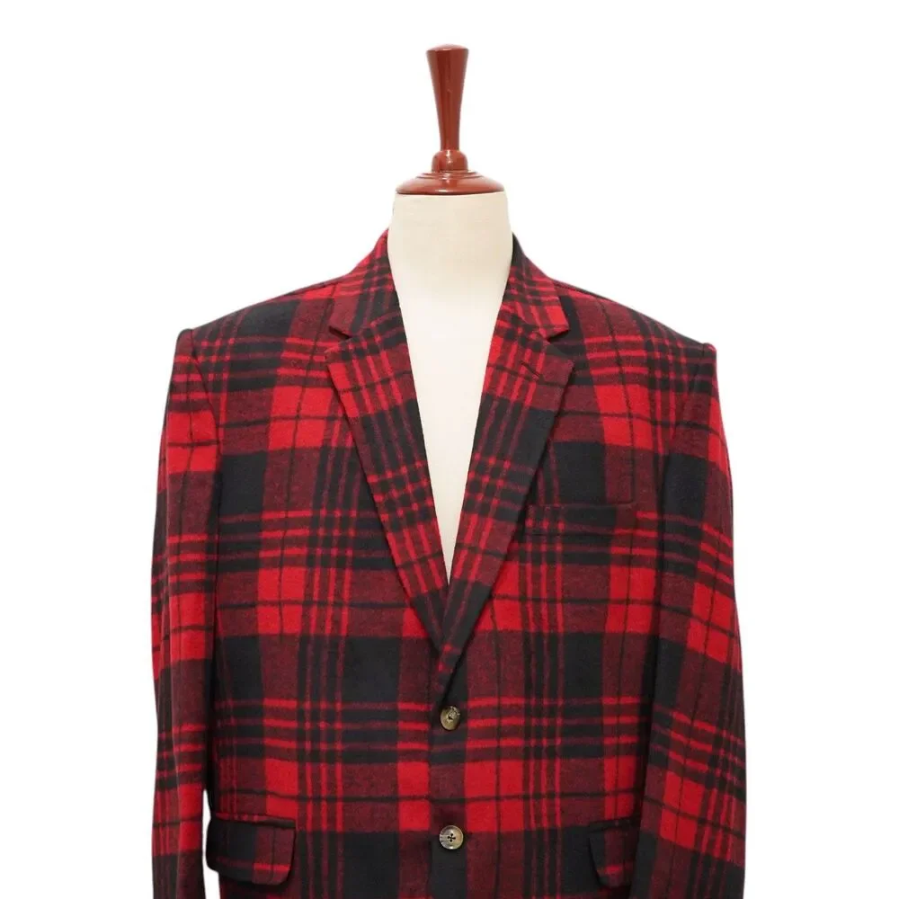 Mens 48R Red Black Plaid Check Wool Blazer Sport Coat Wedding Formal Party